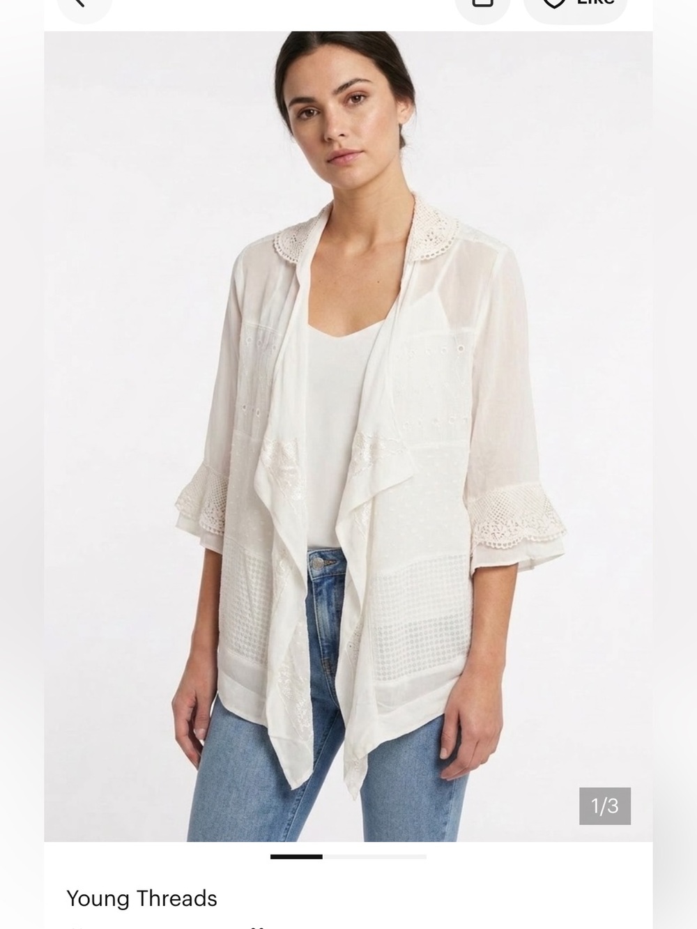 Young Threads Cream Lace Trim Open Front Cardigan